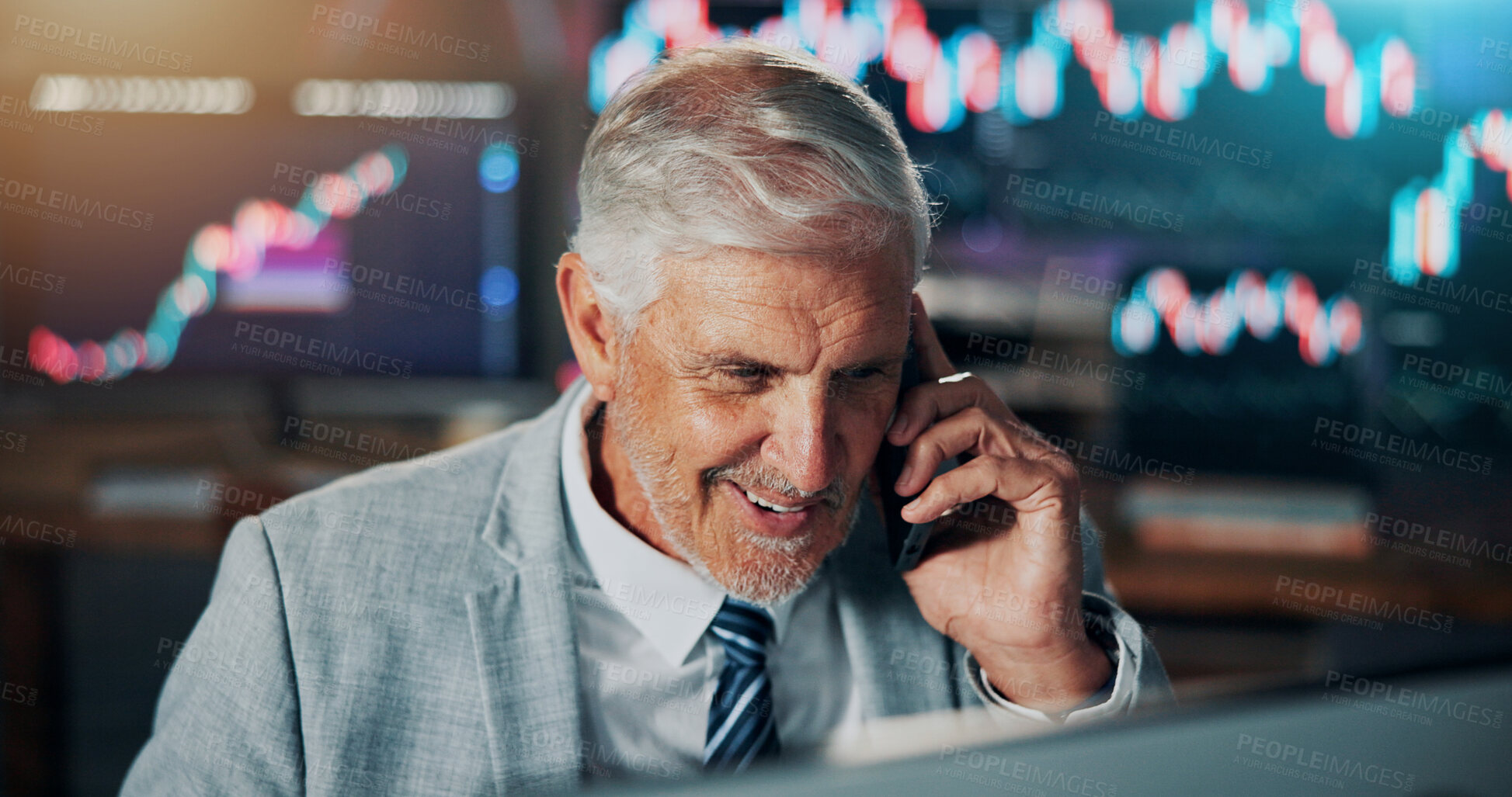 Buy stock photo Businessman, phone call and consultant in office with communication, investment and stock market. Mature person, trader or investor with fintech for problem solving, report or trading advice