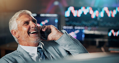 Buy stock photo Businessman, phone call and consultant in office with laugh, investment and stock market comedy. Mature person, trader or investor with fintech for funny joke, report conversation or trading advice