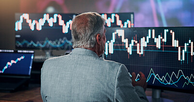 Buy stock photo Back of man, computer and trading at night in office with graphs, report and price for investment. Stock market, trader or mature investor on pc for analysis, research insight and problem solving