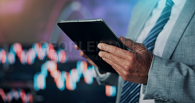 Buy stock photo Hands, tablet and trading with review at office for stock market stats, report or scroll with fintech. Person, broker or financial advisor with tech, application or charts with investment at agency