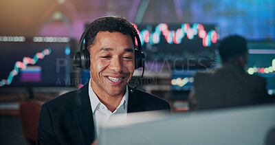 Buy stock photo Businessman, trading and headset with smile at office with computer, graphs and info for stock market investing. Person, broker and trader on voip mic for contact, charts or happy with pc at agency