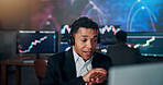 Businessman, trading and discussion with headset at office with consulting, graphs or info for stock market investing. Person, broker and advisor on voip mic with contact, charts or explain at agency