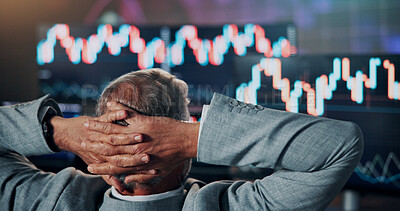 Buy stock photo Businessman, finished and relief with computer for trading at office with charts, relax and back at agency. Mature person, broker or advisor with complete task, investment and monitor at company