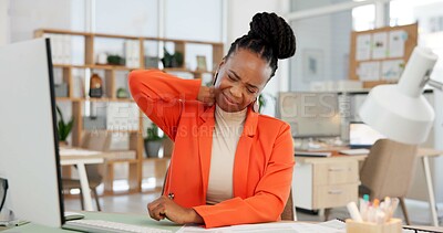 Buy stock photo Black woman, neck pain and injury with stress in office for bad posture, accident or discomfort. Tired, female person or employee with sore ache for joint inflammation, strain or muscle tension