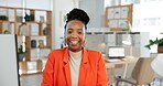 Happy, professional and portrait of black woman in office with confidence for creative career. Smile, about us and African female magazine director with pride for job development at startup agency.