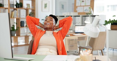 Buy stock photo Stretching, employee and woman with smile, office or done with creative project, rest and journalism. Happy, reporter and black person with complete assignment, relax and finished work in newsroom