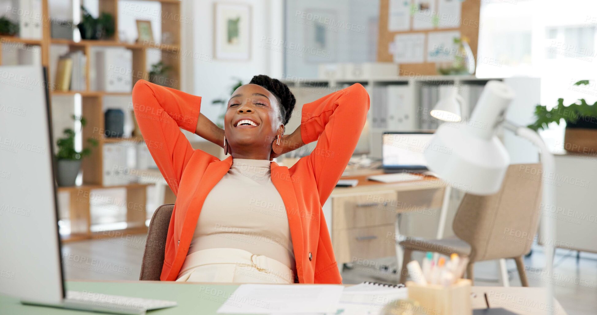 Buy stock photo Stretching, employee and woman with smile, office or done with creative project, rest and journalism. Happy, reporter and black person with complete assignment, relax and finished work in newsroom