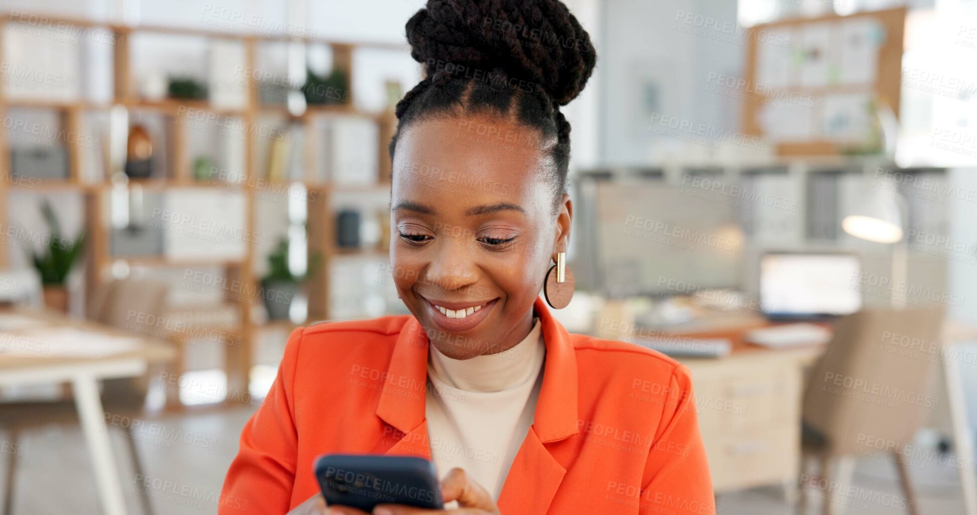 Buy stock photo Black woman, smile and text message in office with phone, internet and notification for social media. Happy, female person and typing in workplace with tech, website and mobile app for online chat.