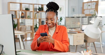 Buy stock photo Happy, black woman and text message in office with phone, internet and notification for social media. Female person, smile and typing in workplace with tech, website and mobile app for online chat.