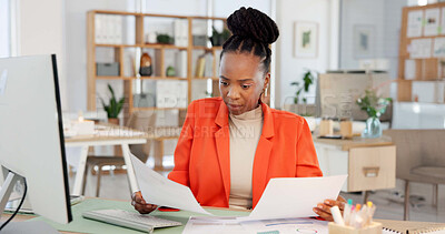 Buy stock photo Black woman, reading and document in office with computer, financial statement and report for business. Female person, review and check paperwork in workplace with desktop, finance info and proposal.