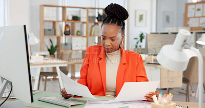 Buy stock photo Black woman, reading and document in office with computer, financial statement and report for business. Female person, review and check paperwork in workplace with desktop, finance info and proposal.