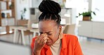 Black woman, headache or mistake with stress in office for mental health, burnout or fatigue. Tired, female person or employee with sore ache or eye strain for project deadline or overworked pressure