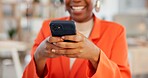 Hands, creative and woman with phone in office to contact editor, reading reviews and upload story. Smile, person and mobile for proofreading, editing article and confirmation message for publication