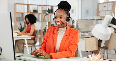 Buy stock photo Happy woman, consultant and customer service with headset in call center office for online advice. Female person friendly agent or smile with mic on computer for virtual assistance or communication