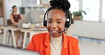 Headset, virtual meeting and businesswoman in office with communication for creative project plan. Mic, client support and female magazine director on online discussion for feedback on publishing.