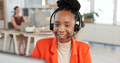 Buy stock photo Headset, virtual meeting and businesswoman in office with communication for creative project plan. Mic, client support and female magazine director on online discussion for feedback on publishing.