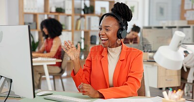 Buy stock photo Waving, online meeting and businesswoman in office with communication for creative project plan. Headphones, greeting and female magazine director on virtual discussion for feedback on publishing.