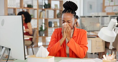 Buy stock photo Sick woman, office and blowing nose with tissue for influenza, cold and flu symptoms. Female person, employee or virus with sinus infection, hayfever or allergy for disease or bacteria in workplace