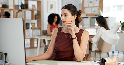 Buy stock photo Office, coworking and woman with computer, thinking and planning for story on website and journalism. Reading, draft and person with tech for article, writer and creative for submission or reflection