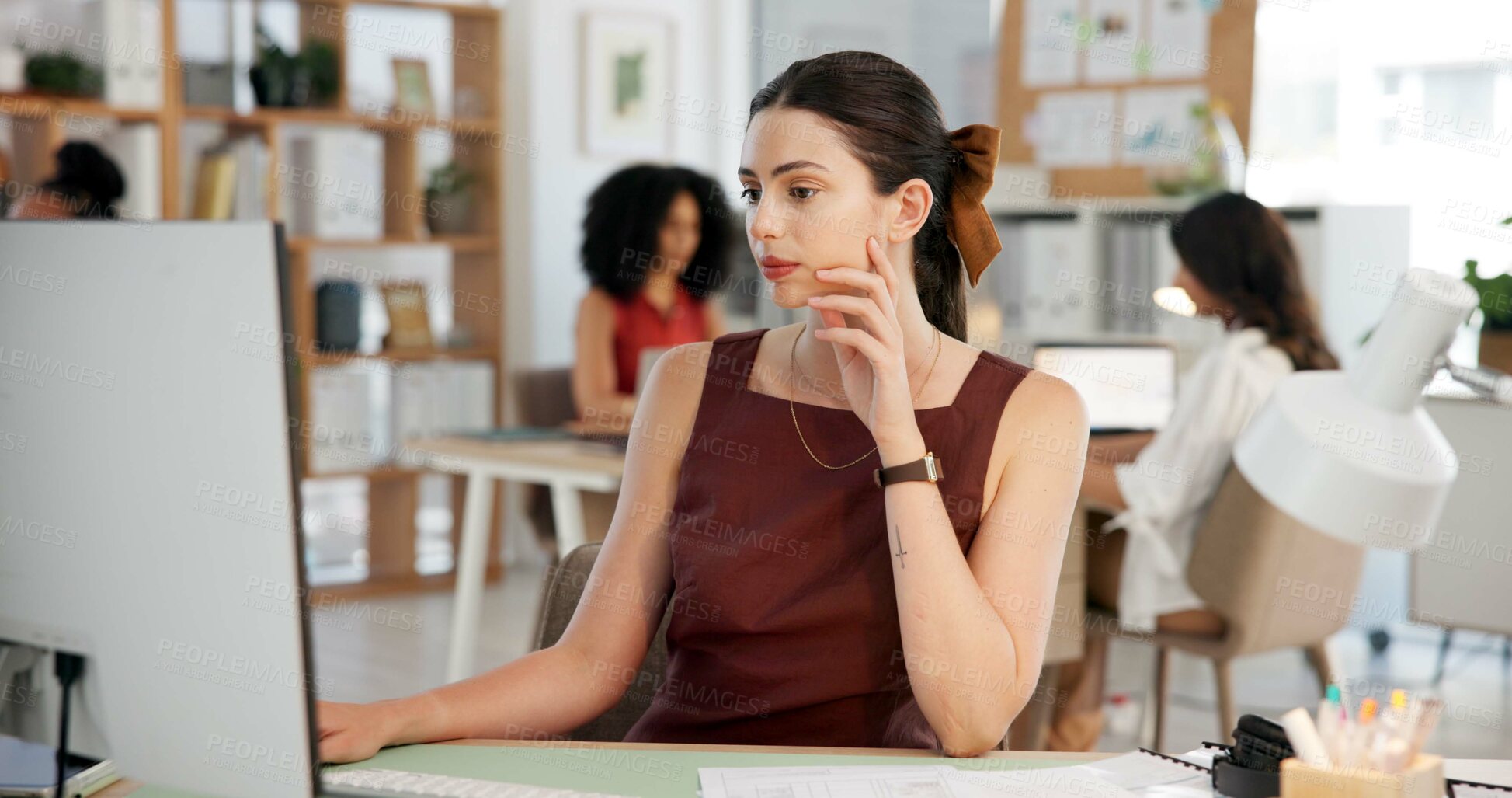 Buy stock photo Office, coworking and woman with computer, thinking and planning for story on website and journalism. Reading, draft and person with tech for article, writer and creative for submission or reflection