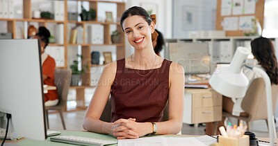 Buy stock photo Happy, professional and portrait of businesswoman in office with confidence for creative career. Smile, about us and female magazine director with pride for job development at startup agency.