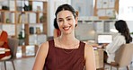 Smile, professional and portrait of businesswoman in office with confidence for creative career. Happy, about us and female magazine director with pride for job development at startup agency.