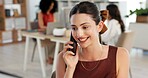 Phone call, smile and businesswoman in office with communication for client feedback on creative project. Happy, cellphone and female magazine editor on mobile discussion for publishing approval.