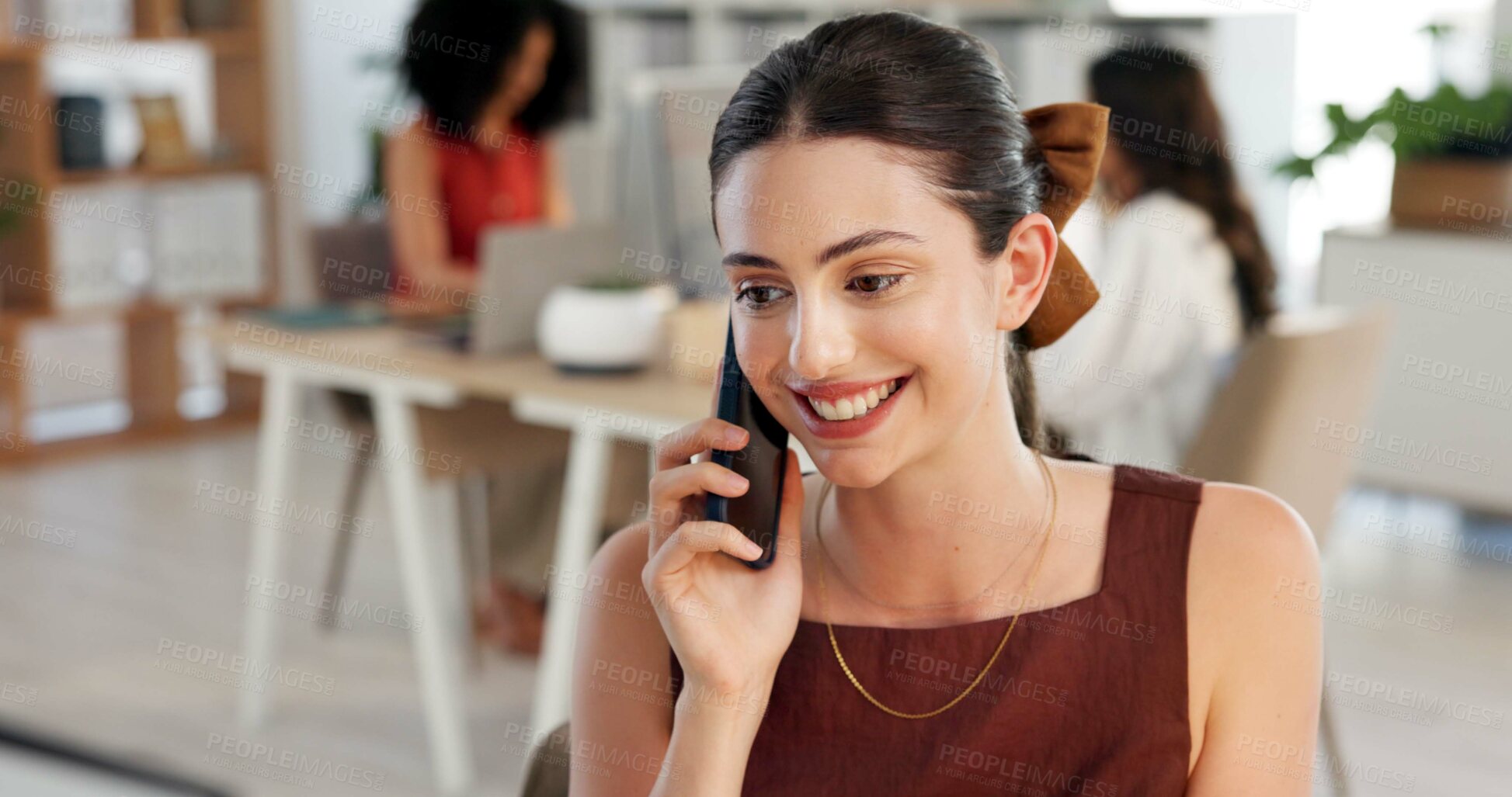 Buy stock photo Phone call, smile and businesswoman in office with communication for client feedback on creative project. Happy, cellphone and female magazine editor on mobile discussion for publishing approval.