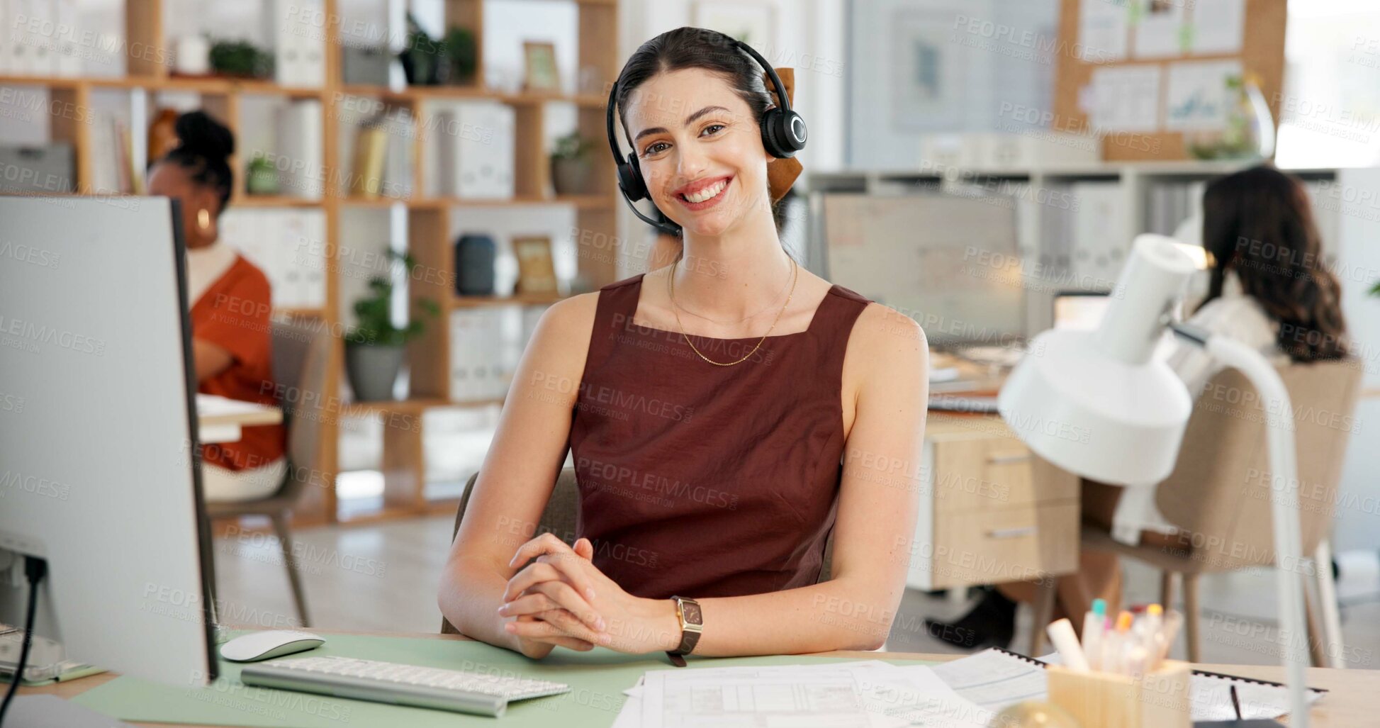 Buy stock photo Portrait, woman and customer service in office with computer, smile or pride for Human Resources. Coworking, female person or HR consultant in workplace with desktop, confidence or help desk support.