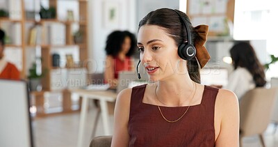Buy stock photo Headset, online meeting and businesswoman in office with contact for creative project plan. Mic, client support and magazine director on virtual discussion for feedback on publishing in workplace.