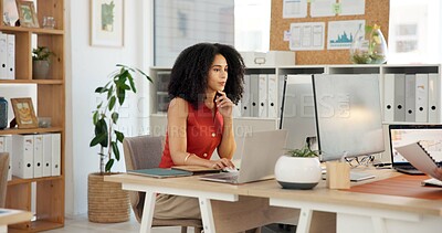 Buy stock photo Serious, woman and thinking with computer, office and planning for article on website and journalism. Reading, draft and person with tech for story, writer and creative for publication or reflection