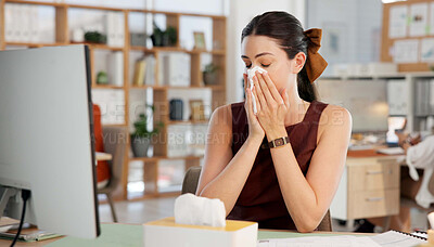 Buy stock photo Sick woman, flu and blowing nose with tissue in office for influenza, cold or symptoms. Female person, employee or virus with sinus infection, hayfever or allergy for disease or bacteria in workplace