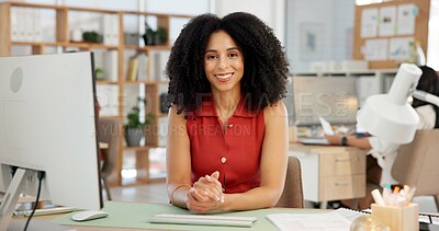 Buy stock photo Happy, about us and portrait of businesswoman in office with confidence for creative career. Smile, professional and magazine director with pride for job development at startup agency in Colombia.