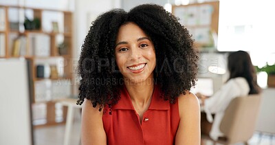 Buy stock photo Smile, about us and portrait of businesswoman in office with confidence for creative career. Happy, professional and magazine director with pride for job development at startup agency in Colombia.