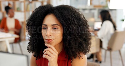 Buy stock photo Creative, reading and woman with computer, office and coworking for journalism and story on website. Review, draft and person with tech for article, writer and planning for publication or reflection