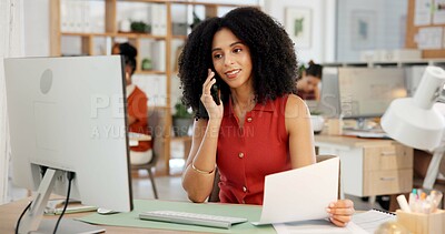 Buy stock photo Woman, computer and document in office with phone call, discussion or inquiry for journalism report. Coworking, person and desktop in agency with tech, contact and conversation to fact check article.