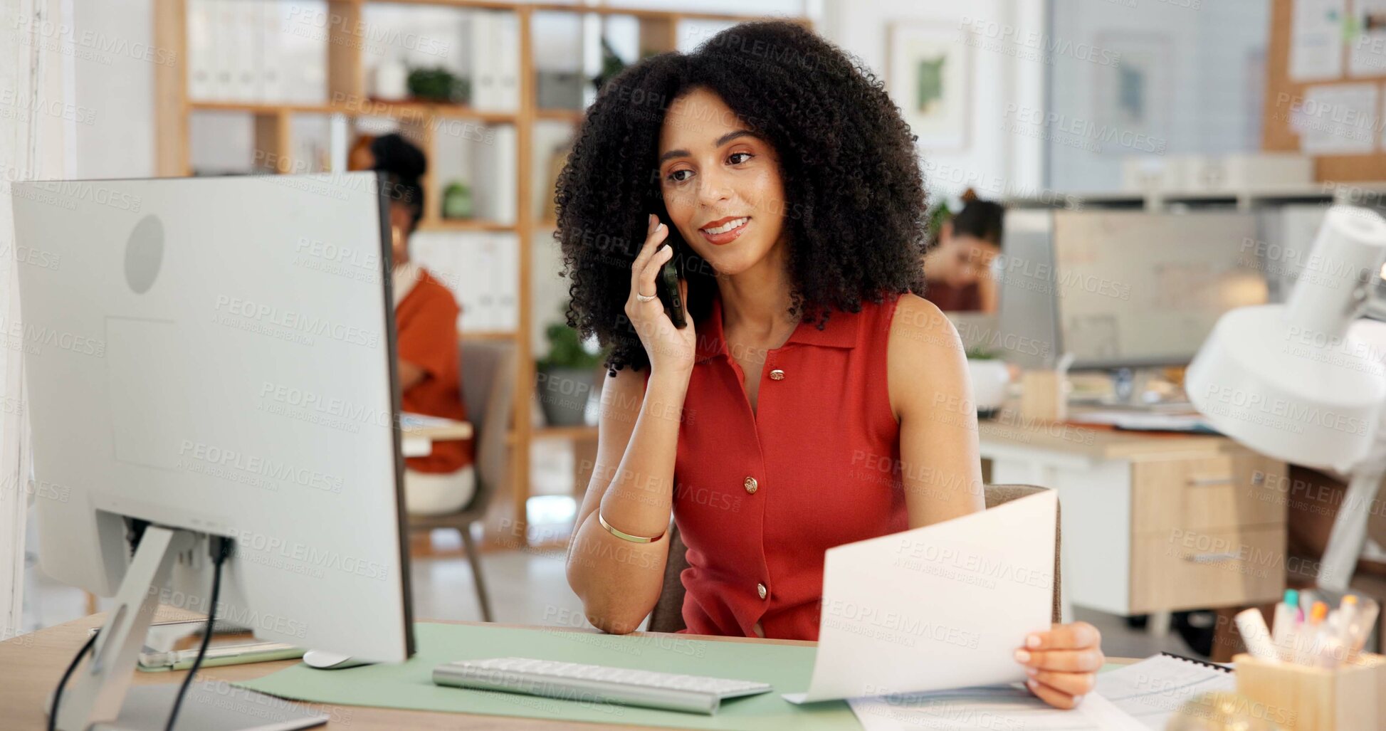 Buy stock photo Woman, computer and document in office with phone call, discussion or inquiry for journalism report. Coworking, person and desktop in agency with tech, contact and conversation to fact check article.