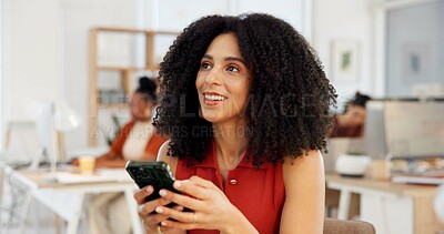 Buy stock photo Woman, phone and happy for texting at startup with thinking, notification or proposal at media company. Person, smartphone and smile with mobile app, contact and decision for deal at creative agency