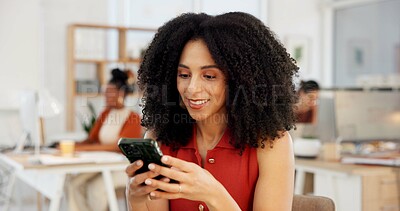 Buy stock photo Happy, woman and scroll in creative agency with phone, social media management or search for trend. Person, coworking or tech in office for campaign post, online brand awareness or digital marketing.