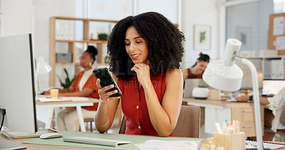 Buy stock photo Happy, woman and typing in creative agency with phone, computer and trend for social media marketing. Person, coworking and tech in office for campaign post, online brand awareness and advertising.