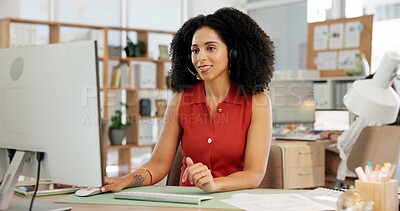 Buy stock photo Happy woman, consultant and computer with headset in call center office for online advice or help. Female person, friendly agent or smile with mic for virtual assistance, support or telecommunication