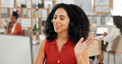 Buy stock photo Wave, virtual meeting and woman in office with communication for creative project pitch. Headphones, greeting or person with video call, magazine director and feedback with online chatting or hello