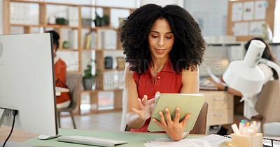 Buy stock photo Happy, employee and woman with tablet, office and planning for article on web, scroll and journalism. Reading, draft and person with tech for story, writer and creative for publication or coworking