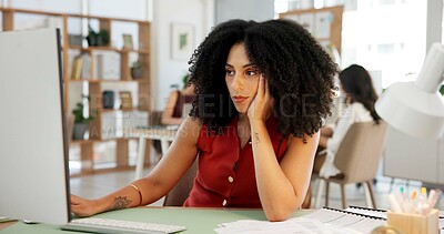 Buy stock photo Bored, tired and businesswoman in office by computer for creative project with problem solving. Thinking, stress and female magazine editor with fatigue for article with publishing in workplace.