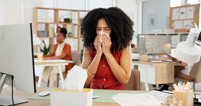 Buy stock photo Sick, woman and blowing nose in office with tissue, sinus infection and computer for digital marketing. Coworking, person and toilet paper with hayfever, virus symptoms and desktop for advertising.