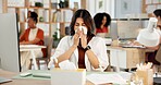 Woman, flu and blowing nose in office with tissue, sinus infection or computer for digital marketing. Coworking, sick person and toilet paper with hayfever, virus symptoms or desktop for advertising.