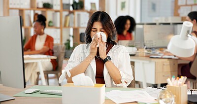 Buy stock photo Woman, flu and blowing nose in office with tissue, sinus infection or computer for digital marketing. Coworking, sick person and toilet paper with hayfever, virus symptoms or desktop for advertising.