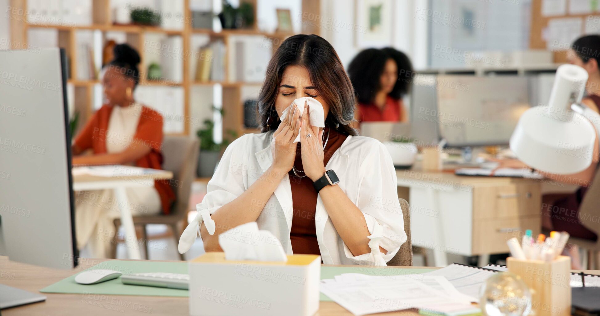 Buy stock photo Woman, flu and blowing nose in office with tissue, sinus infection or computer for digital marketing. Coworking, sick person and toilet paper with hayfever, virus symptoms or desktop for advertising.