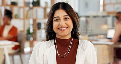 Buy stock photo Happy woman, portrait and creative with pride for startup agency, development or growth in office. Female person, employee or designer with smile for online business or improvement in workplace