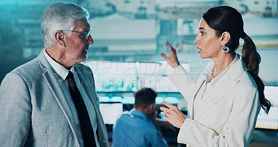 Buy stock photo People, security and discussion with surveillance for investigation or safety in control room. Man, woman or officers talking with cctv footage for response, protection system or monitoring crime 